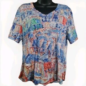CARINE Art to Wear Burnout T-Shirt Top Sz L Cityscape Buildings V-Neck Abstract